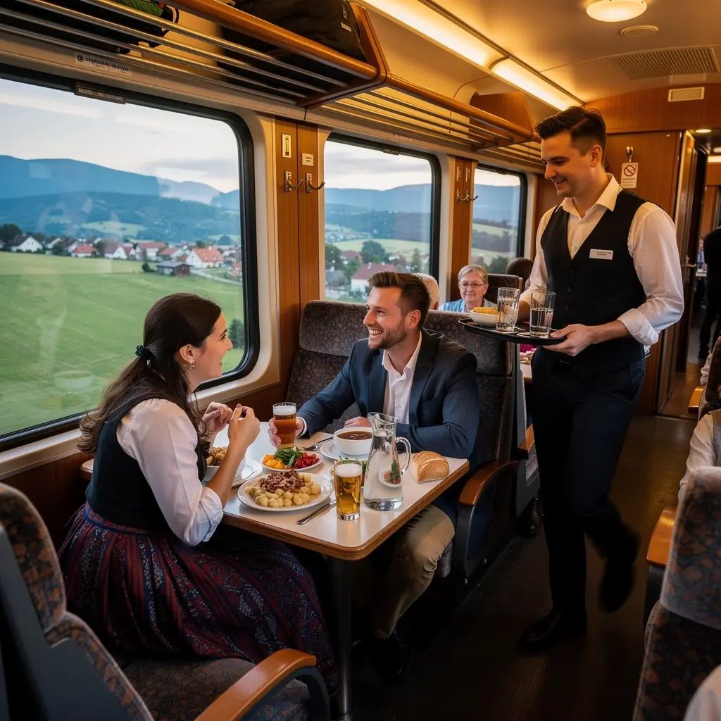 Scenic view of a train traveling through the picturesque Slovak countryside.