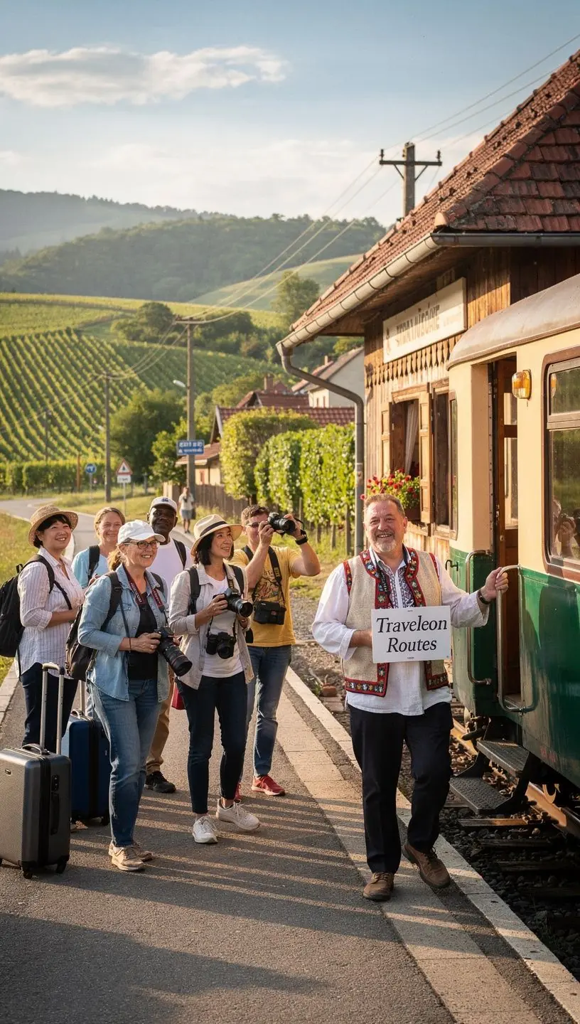 Family with luggage navigating a train station, showcasing accessibility features.